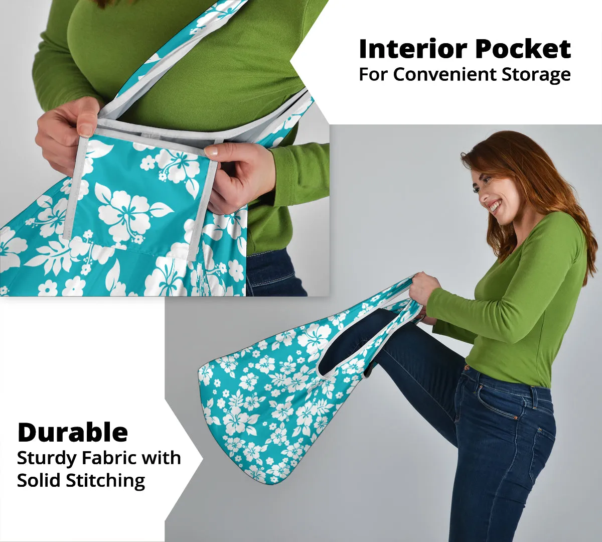 Teal and White Hibiscus Flower Pattern Reusable Grocery Shopping Bags Pack of 3