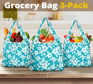Teal and White Hibiscus Flower Pattern Reusable Grocery Shopping Bags Pack of 3