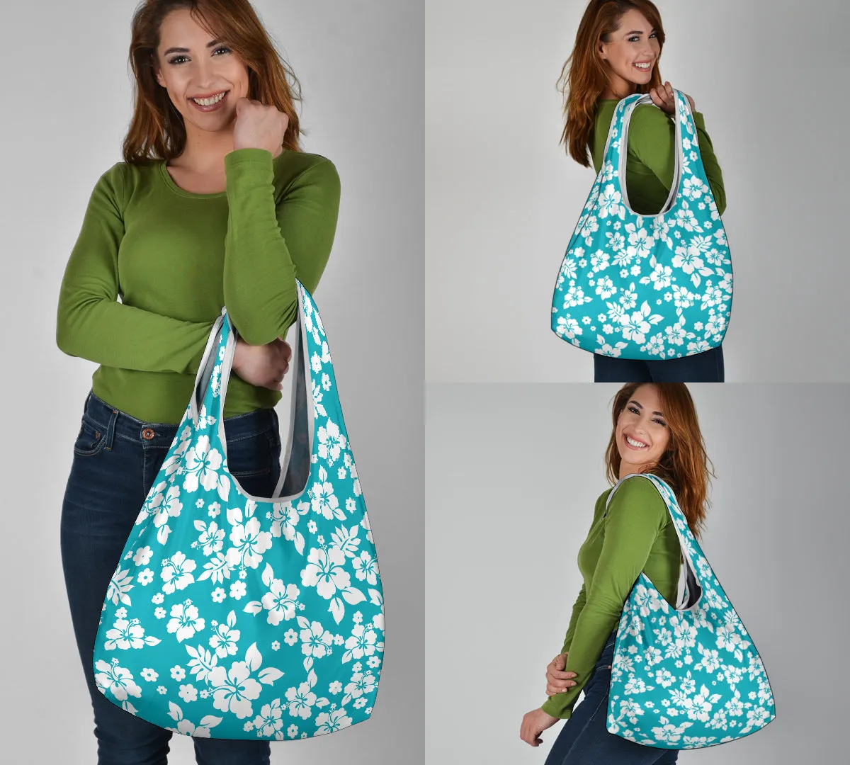 Teal and White Hibiscus Flower Pattern Reusable Grocery Shopping Bags Pack of 3