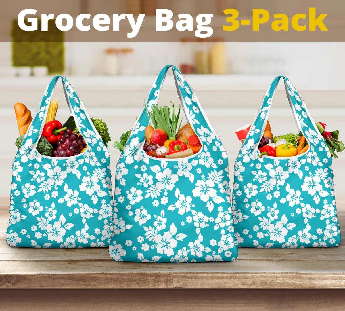 Teal and White Hibiscus Flower Pattern Reusable Grocery Shopping Bags Pack of 3