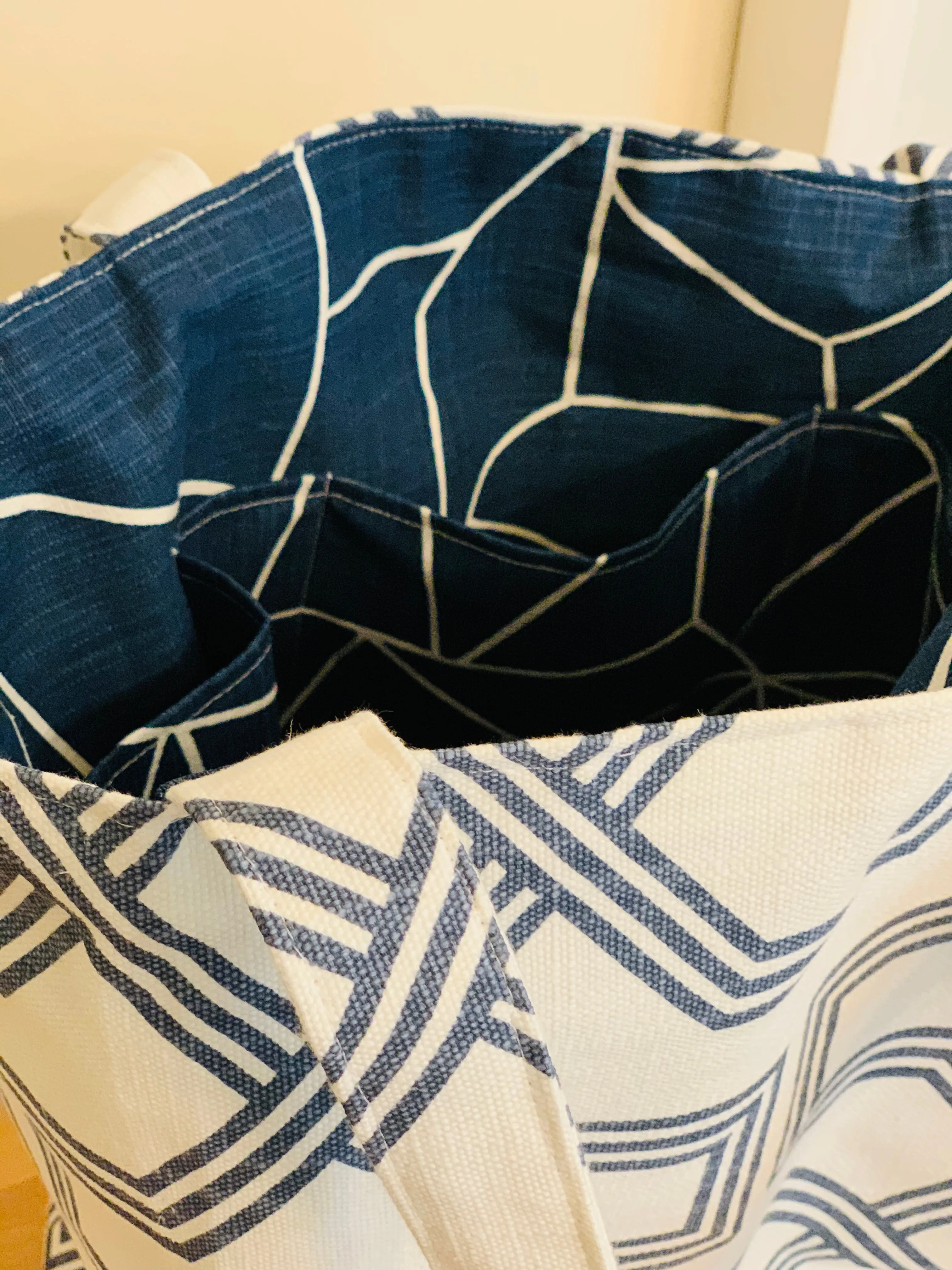 Tote Bag Hand Crafted of Premium Cotton Canvas Linen, Contrasting Lining and Interior Triple Pockets, Navy Blue Geometric Patterns