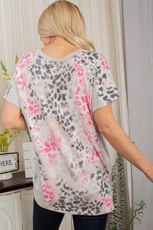 Ultra Soft Leopard & Stripes Tee in Pink & Grey