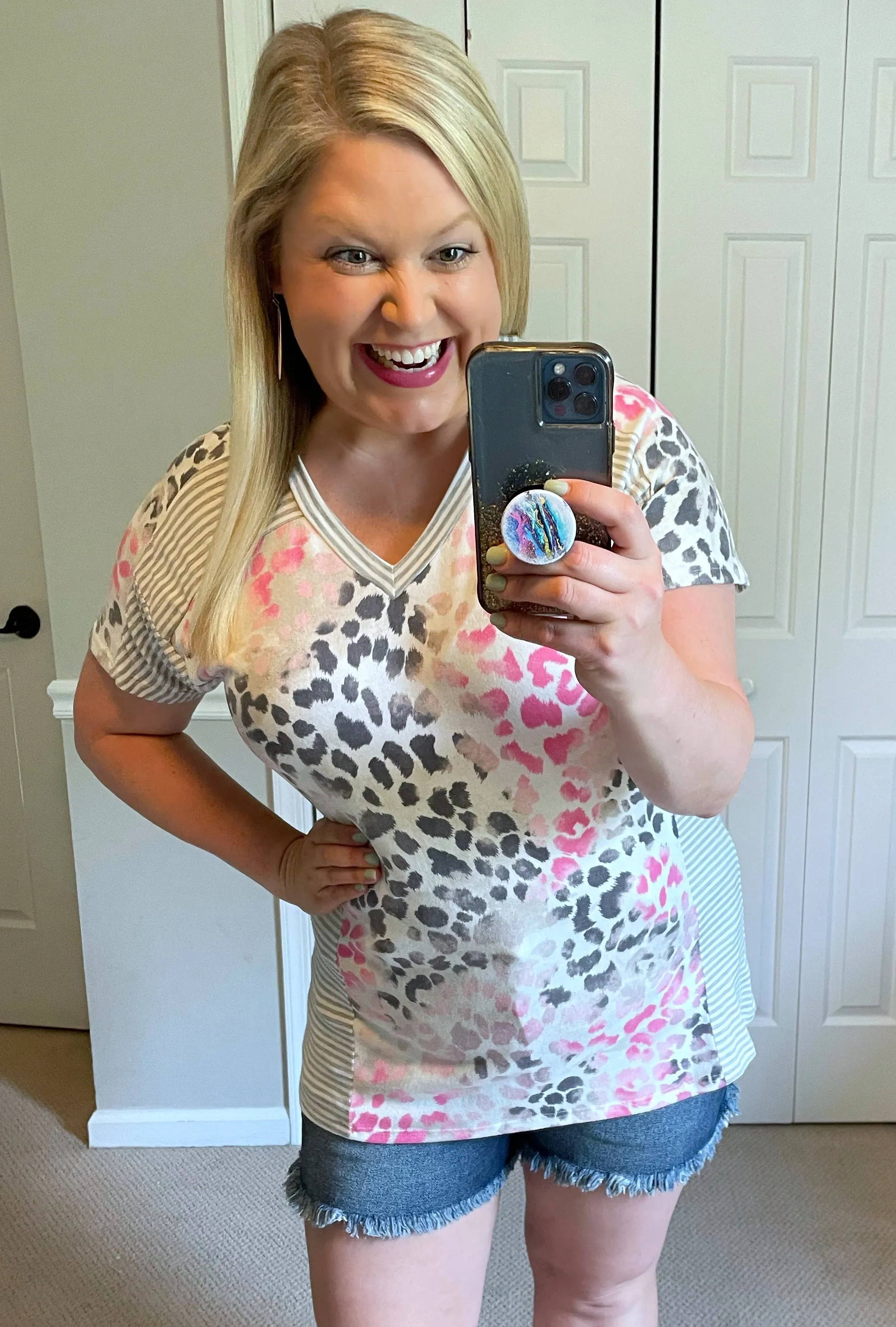Ultra Soft Leopard & Stripes Tee in Pink & Grey
