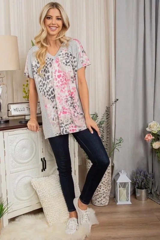 Ultra Soft Leopard & Stripes Tee in Pink & Grey