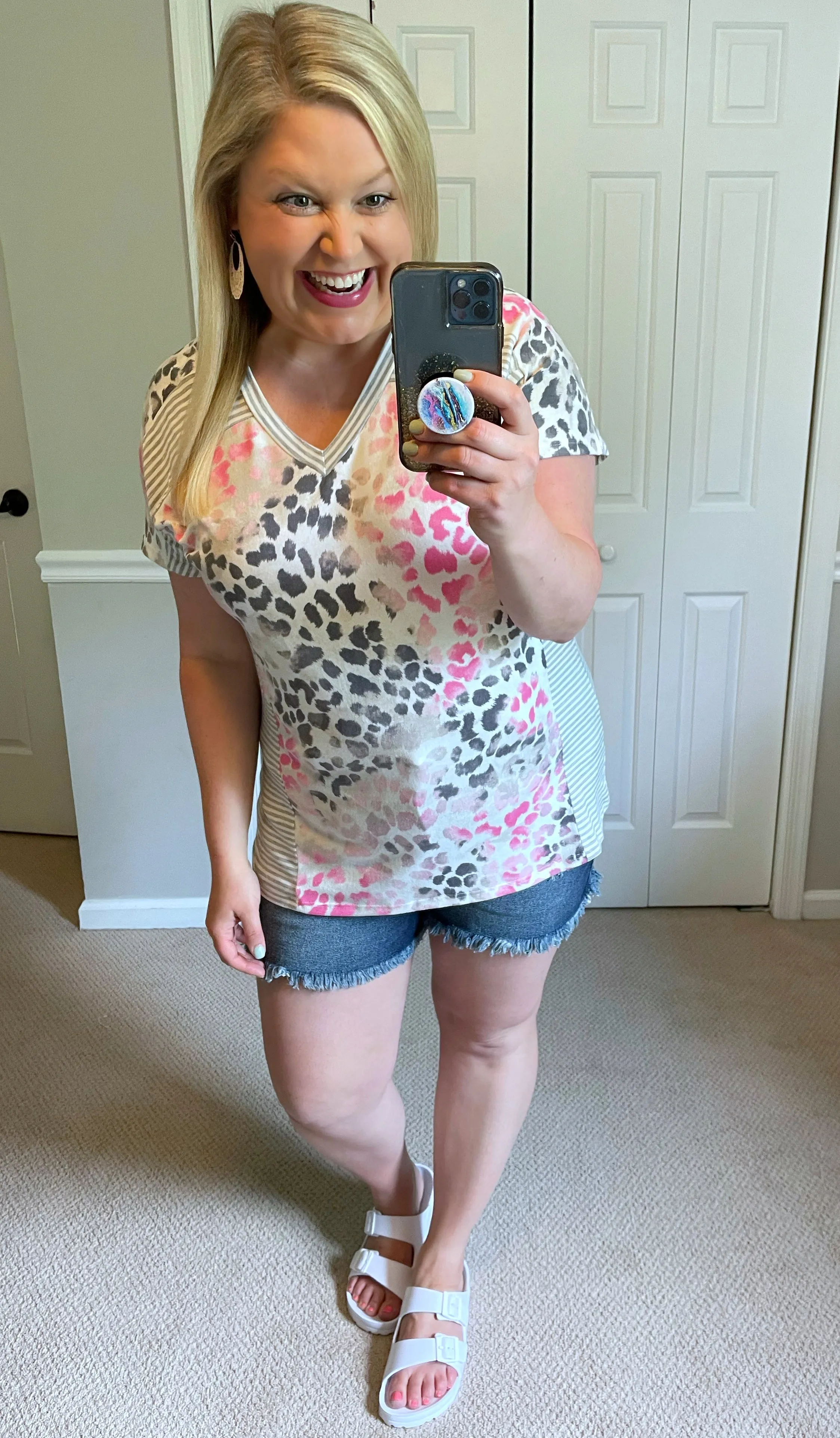 Ultra Soft Leopard & Stripes Tee in Pink & Grey