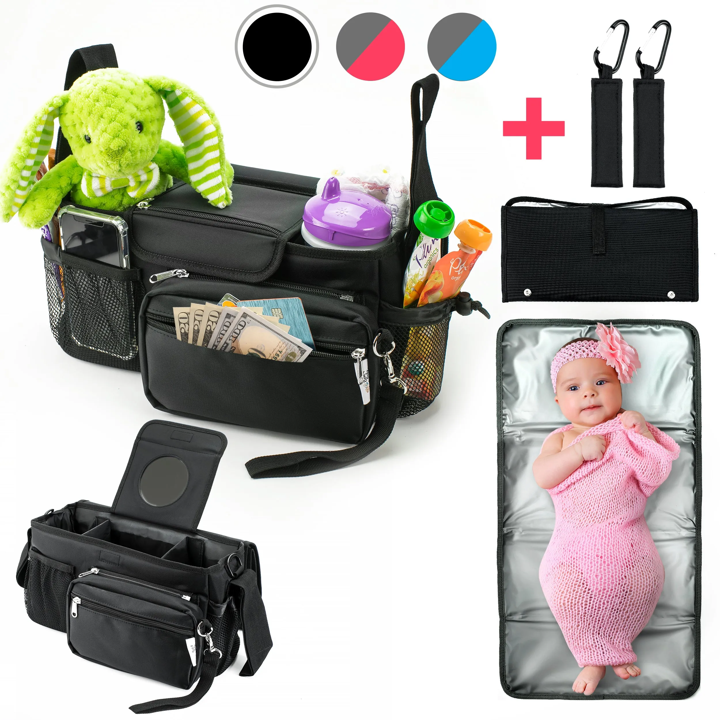 Universal Baby Stroller Organizer Bag with Cup Holders with Detachable Changing Mat & 2 Hooks (Black)