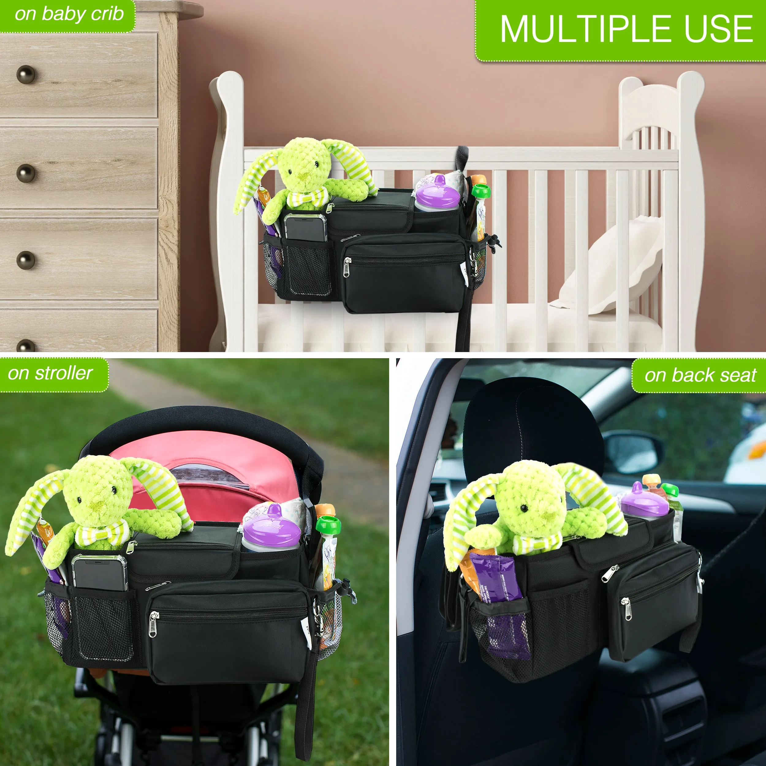 Universal Baby Stroller Organizer Bag with Cup Holders with Detachable Changing Mat & 2 Hooks (Black)