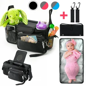 Universal Baby Stroller Organizer Bag with Cup Holders with Detachable Changing Mat & 2 Hooks (Black)