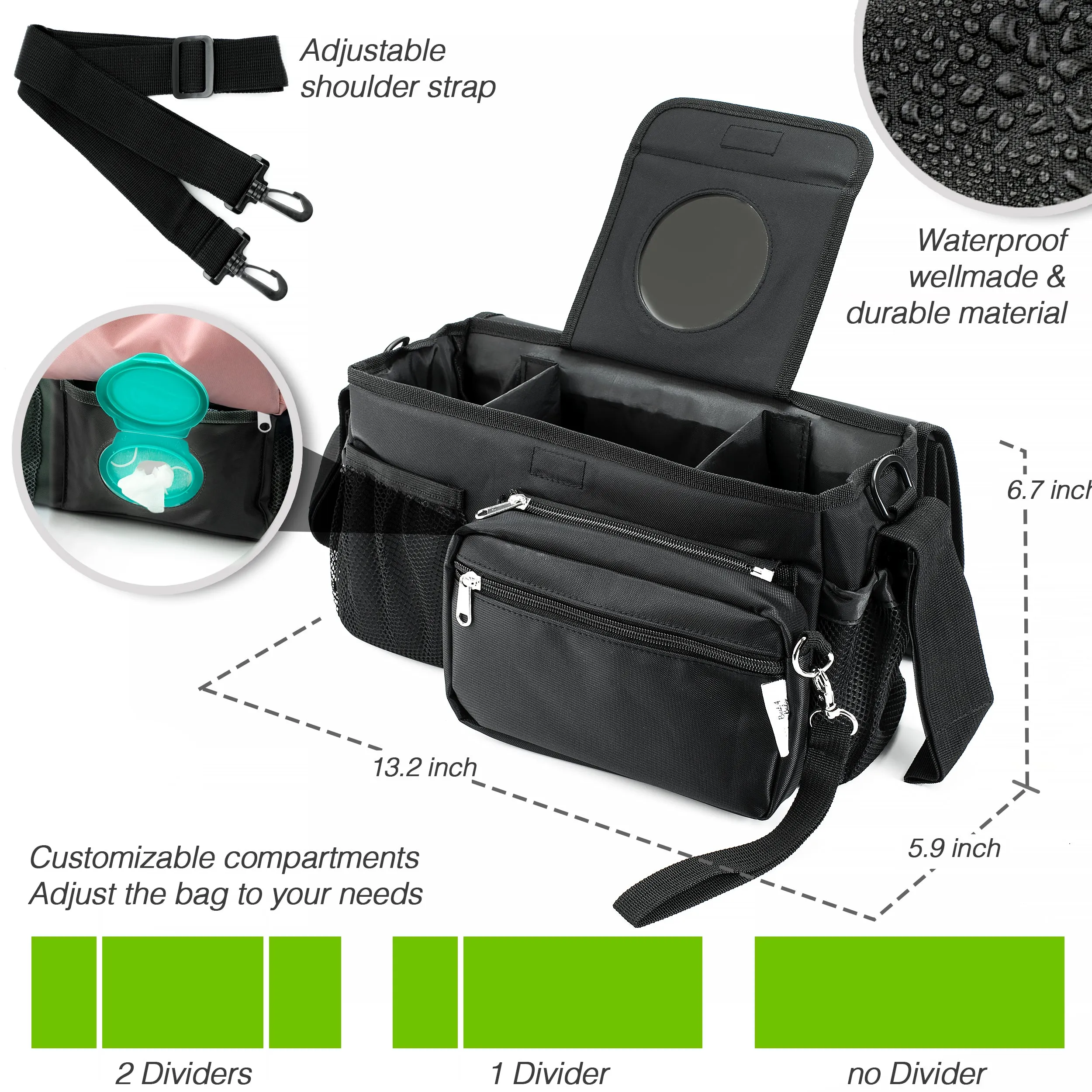 Universal Baby Stroller Organizer Bag with Cup Holders with Detachable Changing Mat & 2 Hooks (Black)