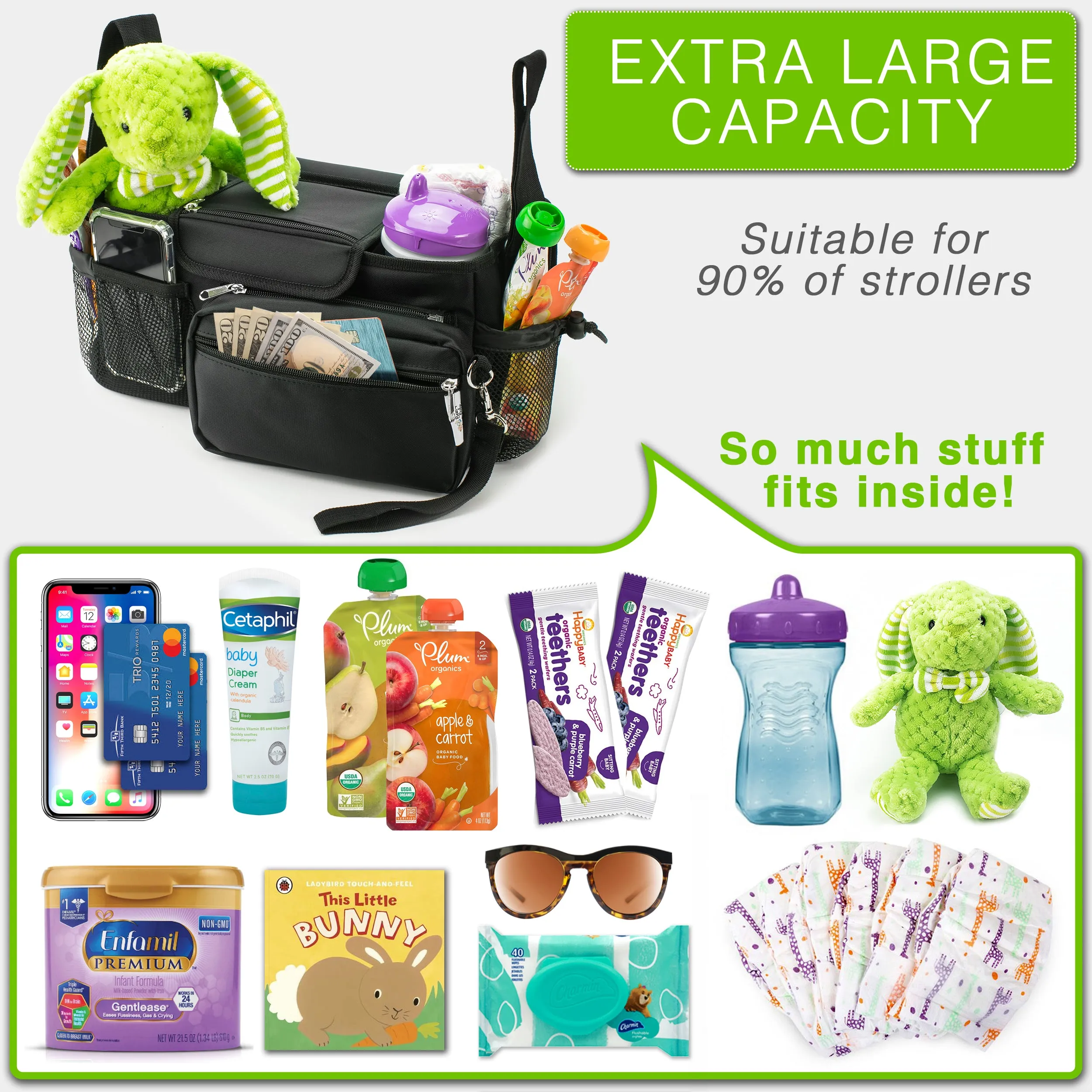 Universal Baby Stroller Organizer Bag with Cup Holders with Detachable Changing Mat & 2 Hooks (Black)
