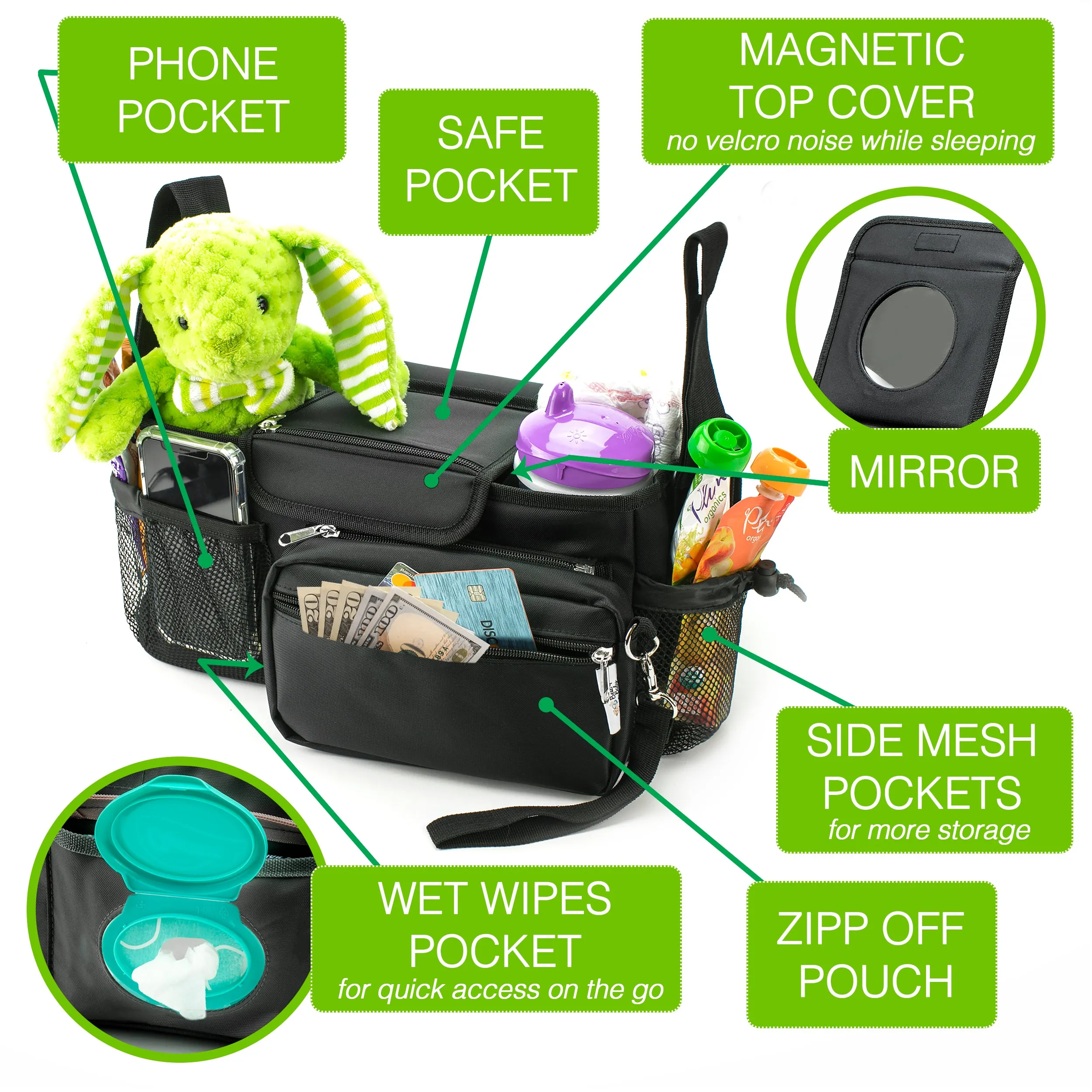 Universal Baby Stroller Organizer Bag with Cup Holders with Detachable Changing Mat & 2 Hooks (Black)