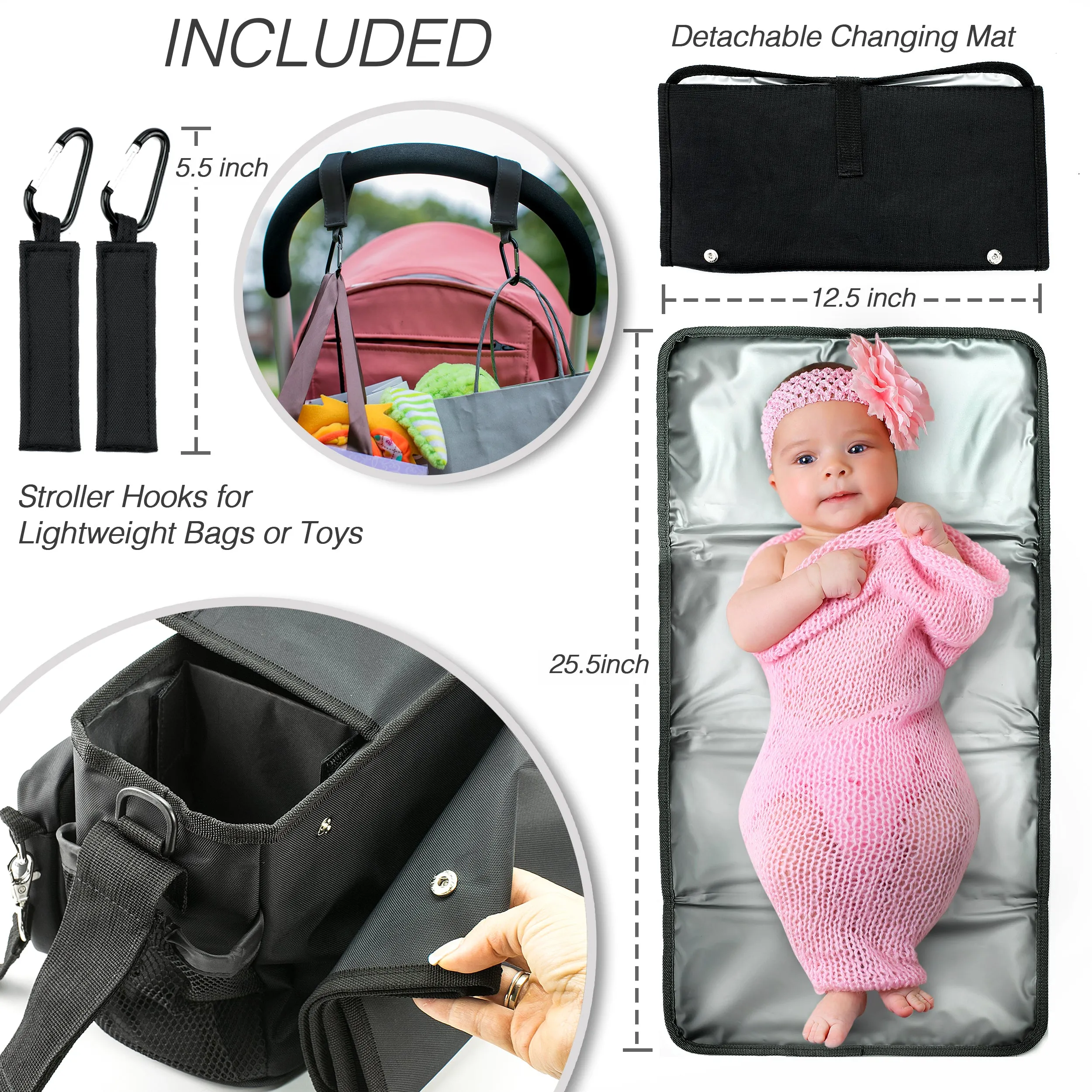 Universal Baby Stroller Organizer Bag with Cup Holders with Detachable Changing Mat & 2 Hooks (Black)