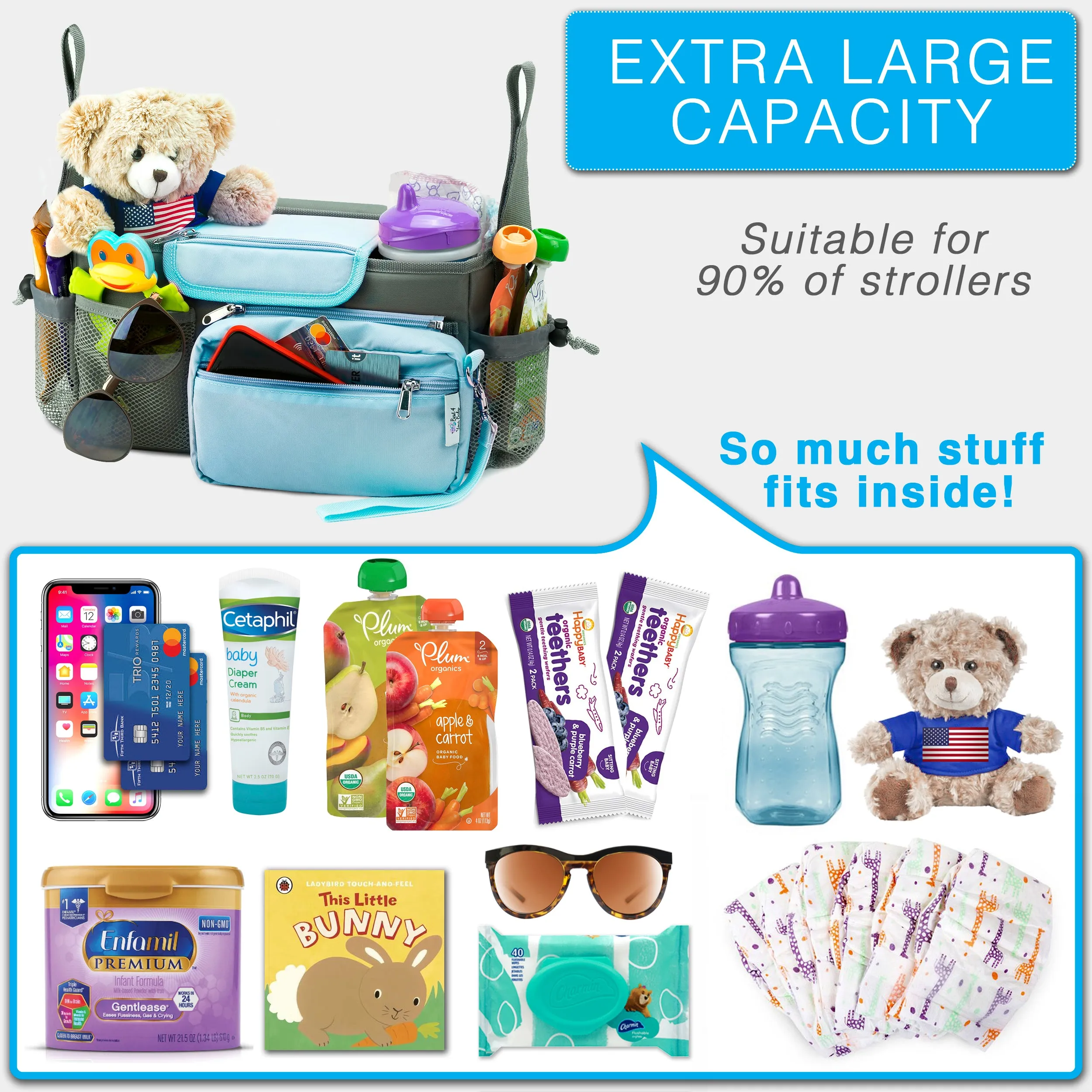 Universal Baby Stroller Organizer Bag with Cup Holders with Detachable Changing Mat & 2 Hooks (Gray/Blue)