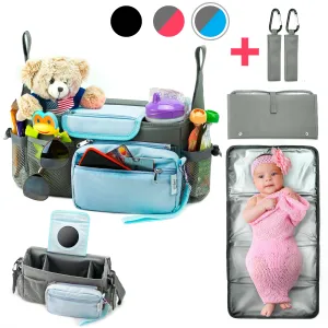 Universal Baby Stroller Organizer Bag with Cup Holders with Detachable Changing Mat & 2 Hooks (Gray/Blue)