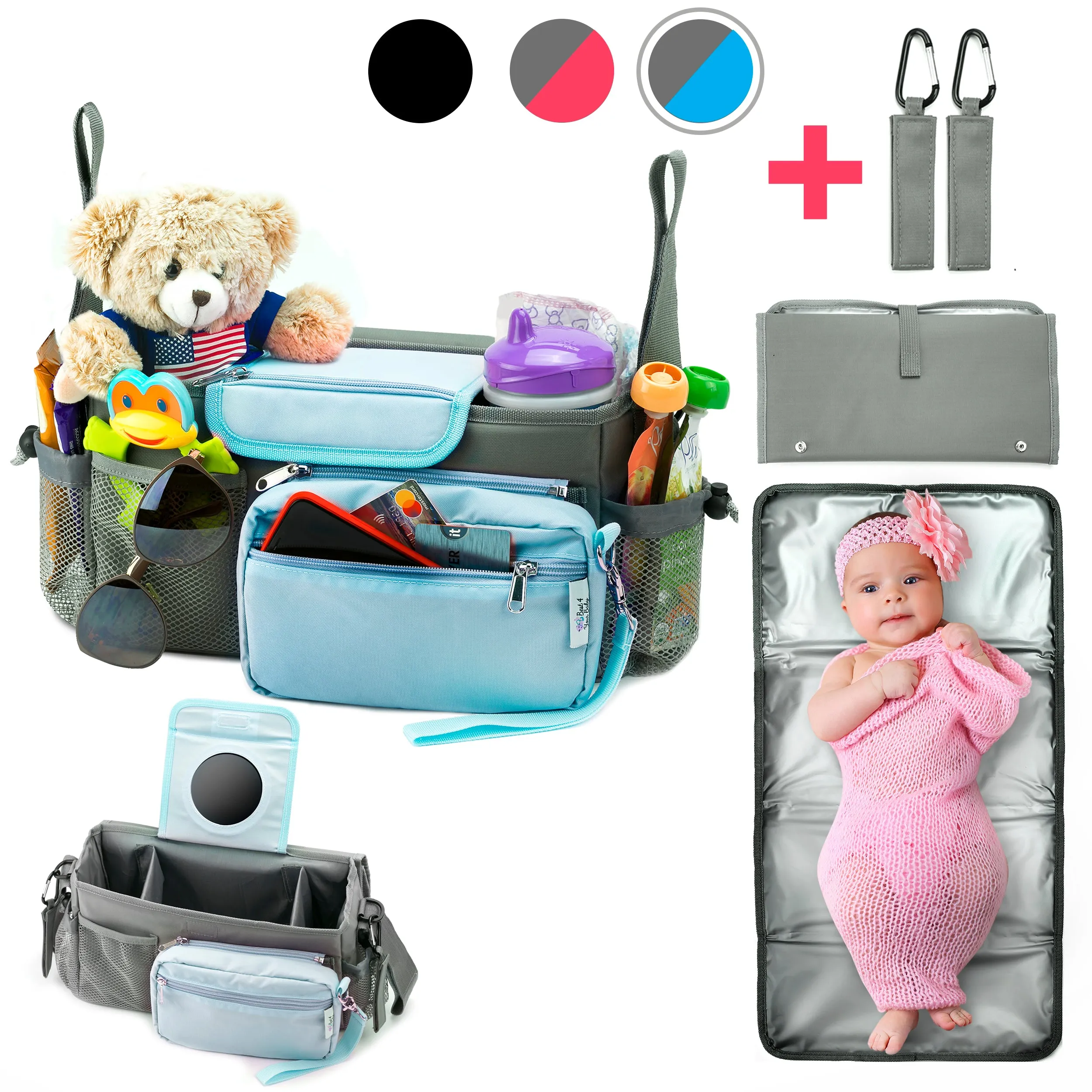 Universal Baby Stroller Organizer Bag with Cup Holders with Detachable Changing Mat & 2 Hooks (Gray/Blue)