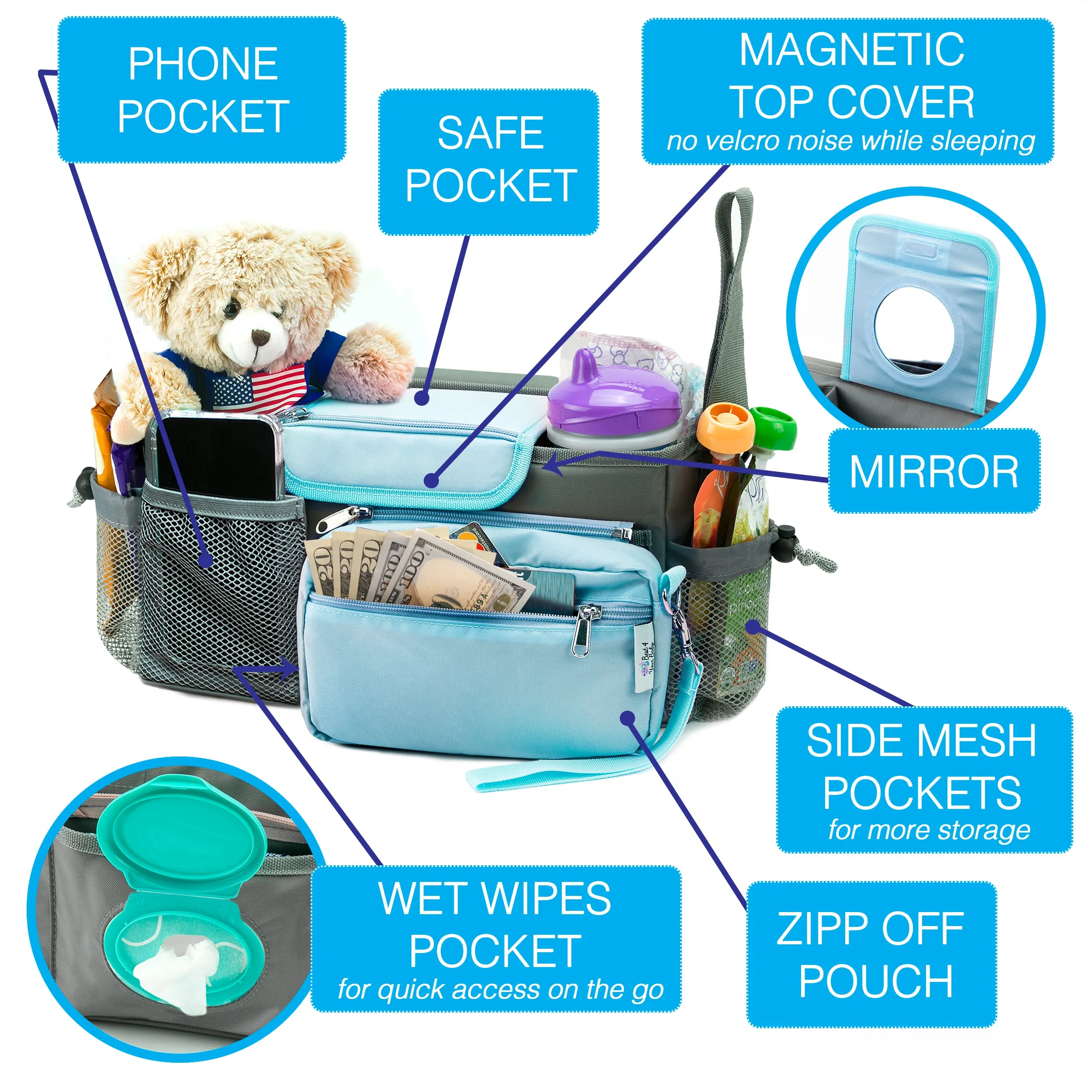 Universal Baby Stroller Organizer Bag with Cup Holders with Detachable Changing Mat & 2 Hooks (Gray/Blue)