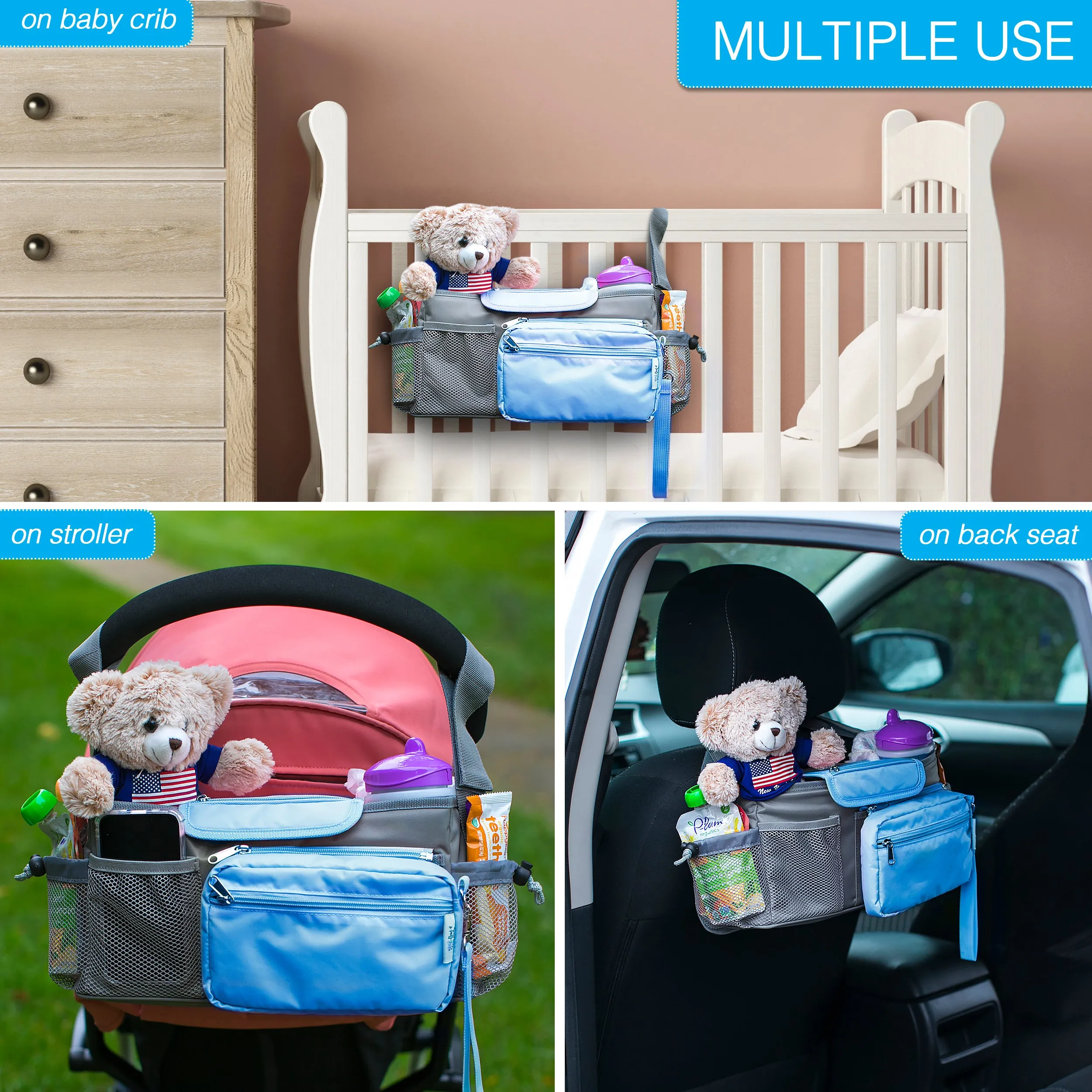 Universal Baby Stroller Organizer Bag with Cup Holders with Detachable Changing Mat & 2 Hooks (Gray/Blue)
