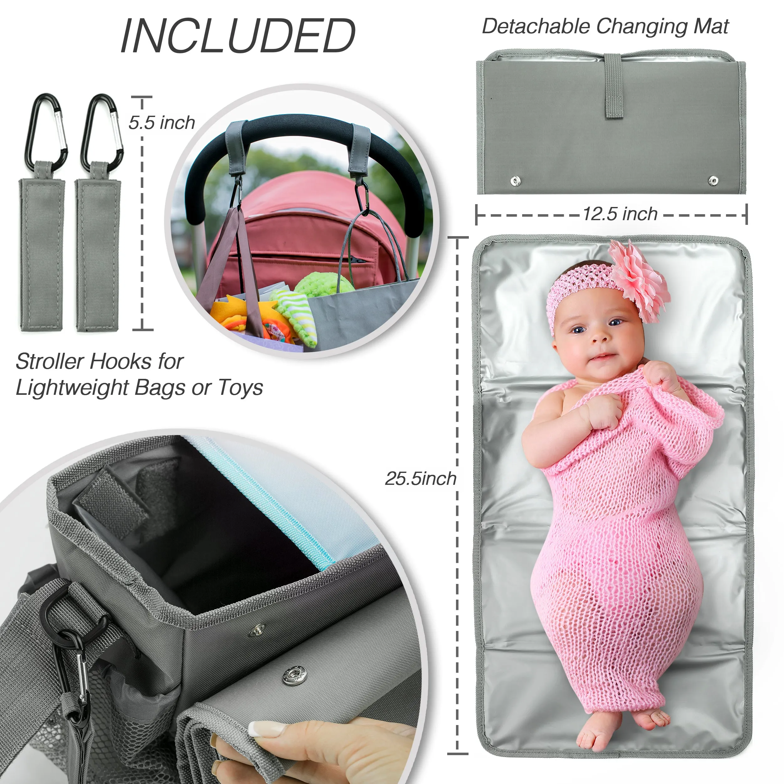 Universal Baby Stroller Organizer Bag with Cup Holders with Detachable Changing Mat & 2 Hooks (Gray/Blue)