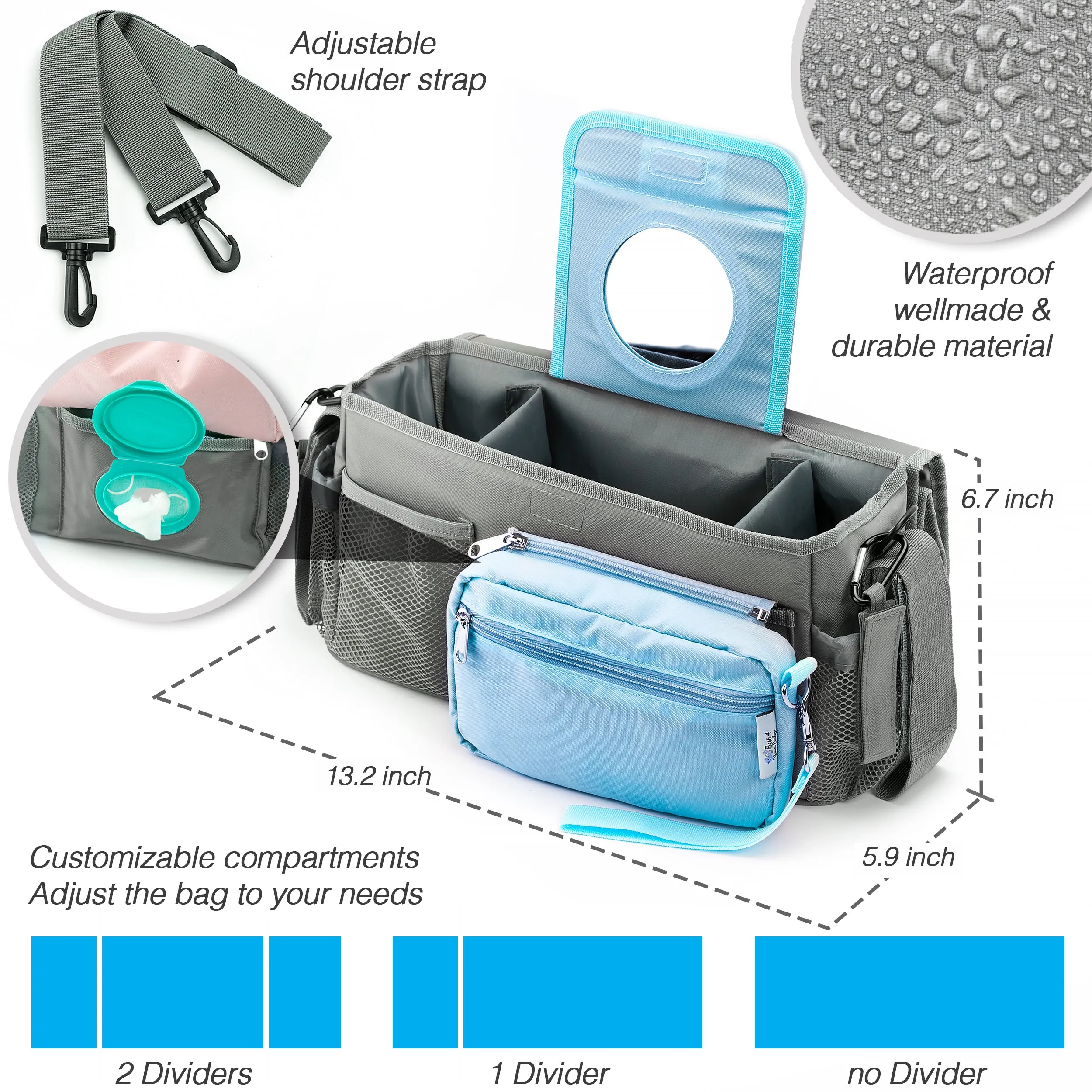 Universal Baby Stroller Organizer Bag with Cup Holders with Detachable Changing Mat & 2 Hooks (Gray/Blue)