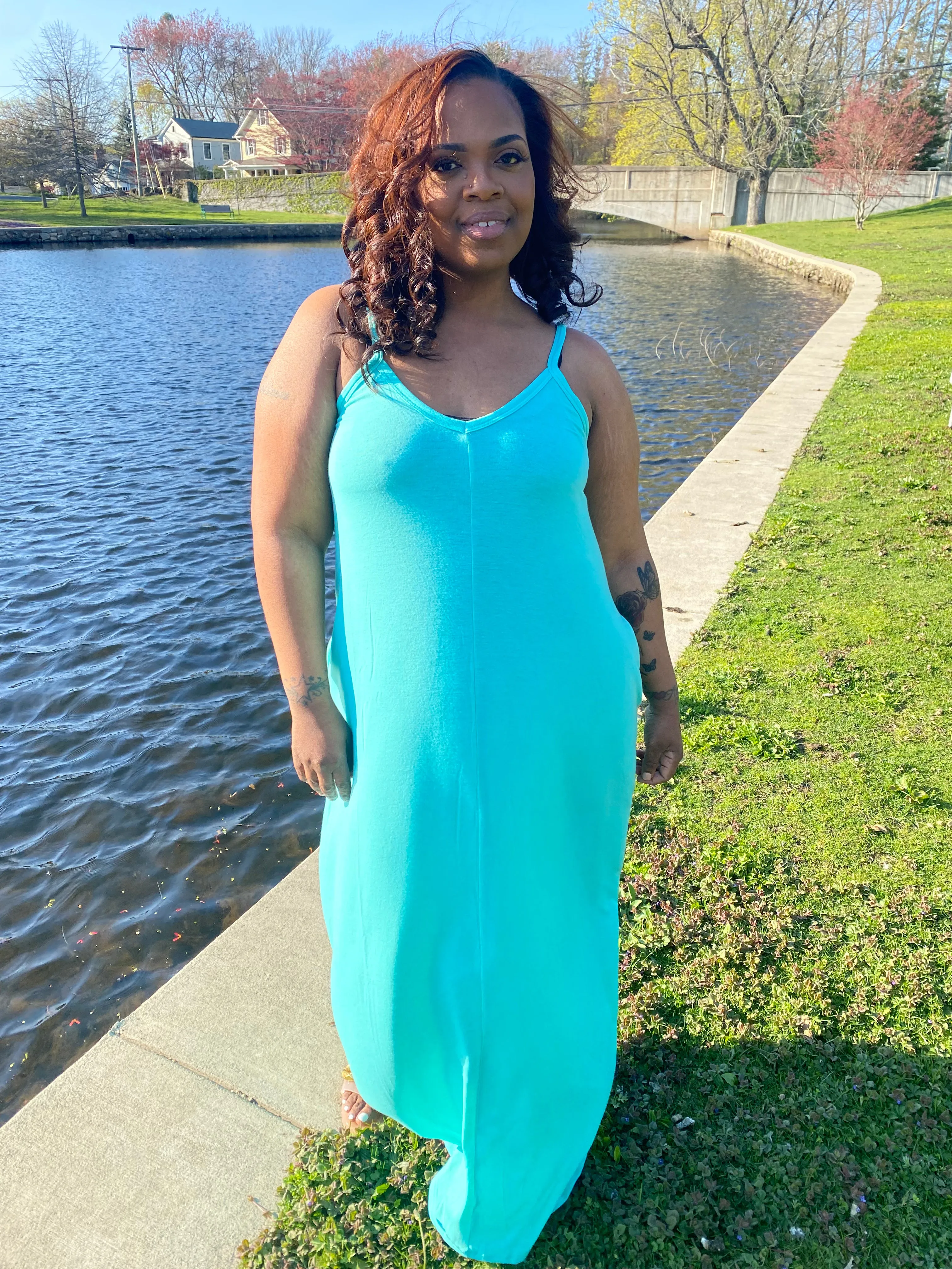 V-Neck Spaghetti-Strap Pocket Maxi Dress