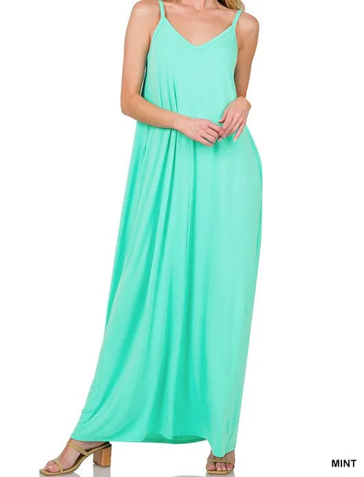 V-Neck Spaghetti-Strap Pocket Maxi Dress