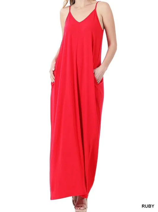 V-Neck Spaghetti-Strap Pocket Maxi Dress