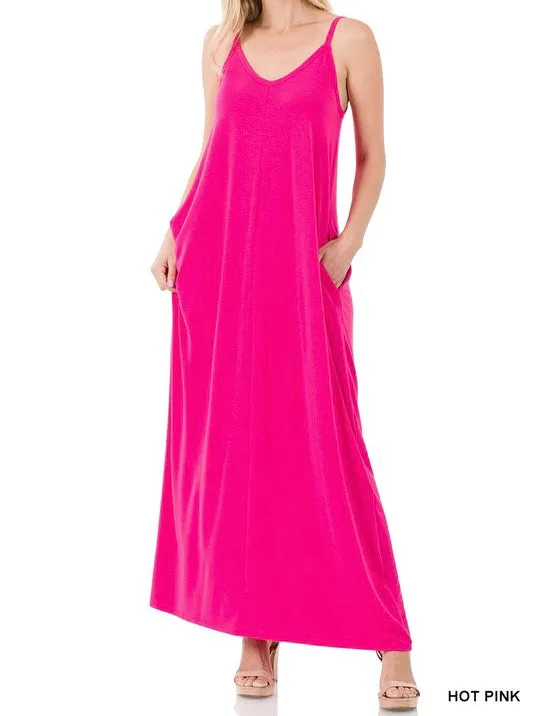 V-Neck Spaghetti-Strap Pocket Maxi Dress