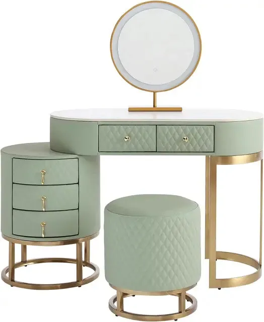 Vanity Desk Set with LED Mirror, 5 Drawers, Faux Leather Stool, and Slate Top