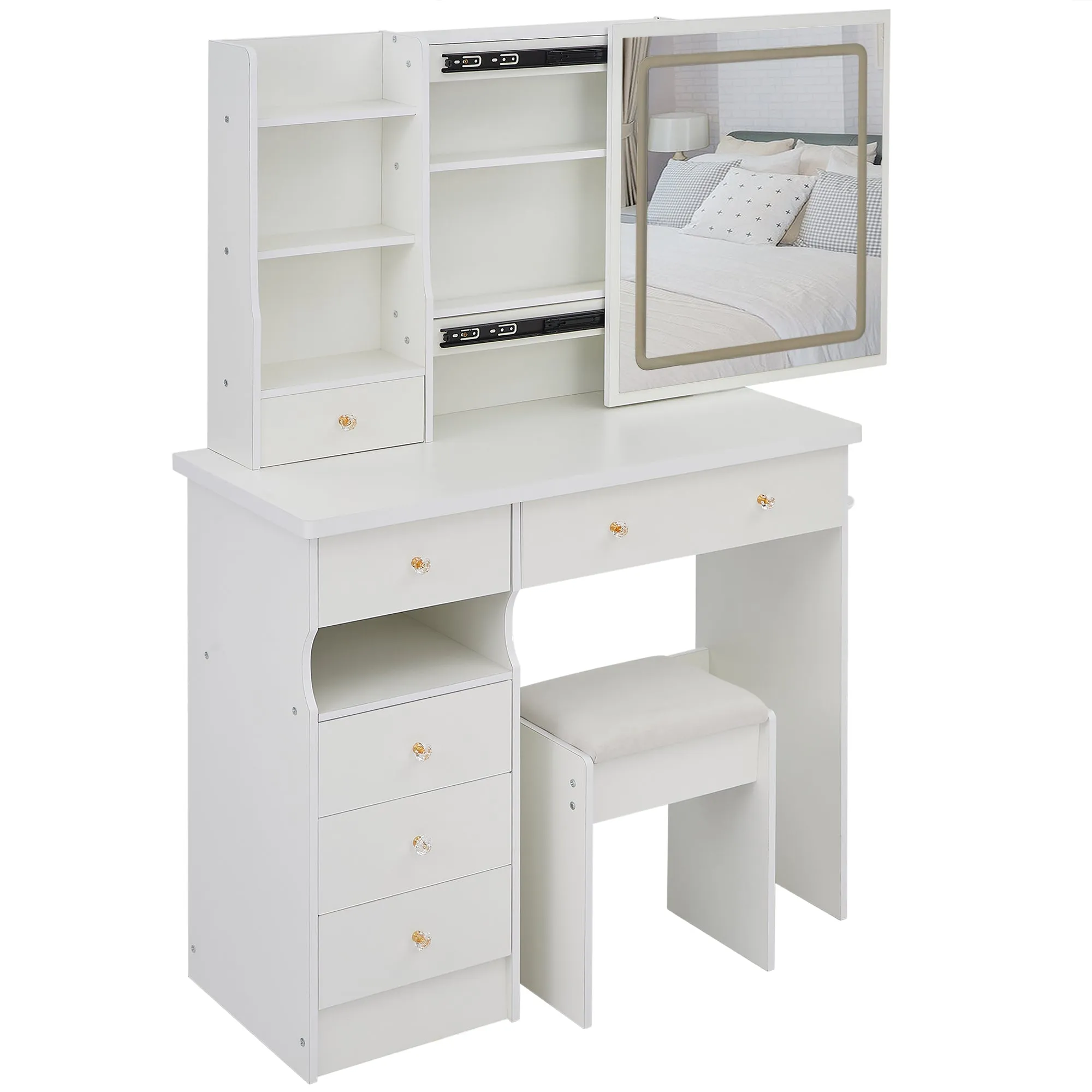 Vanity Desk with LED Lighted Mirror, Sliding Storage, and Stool