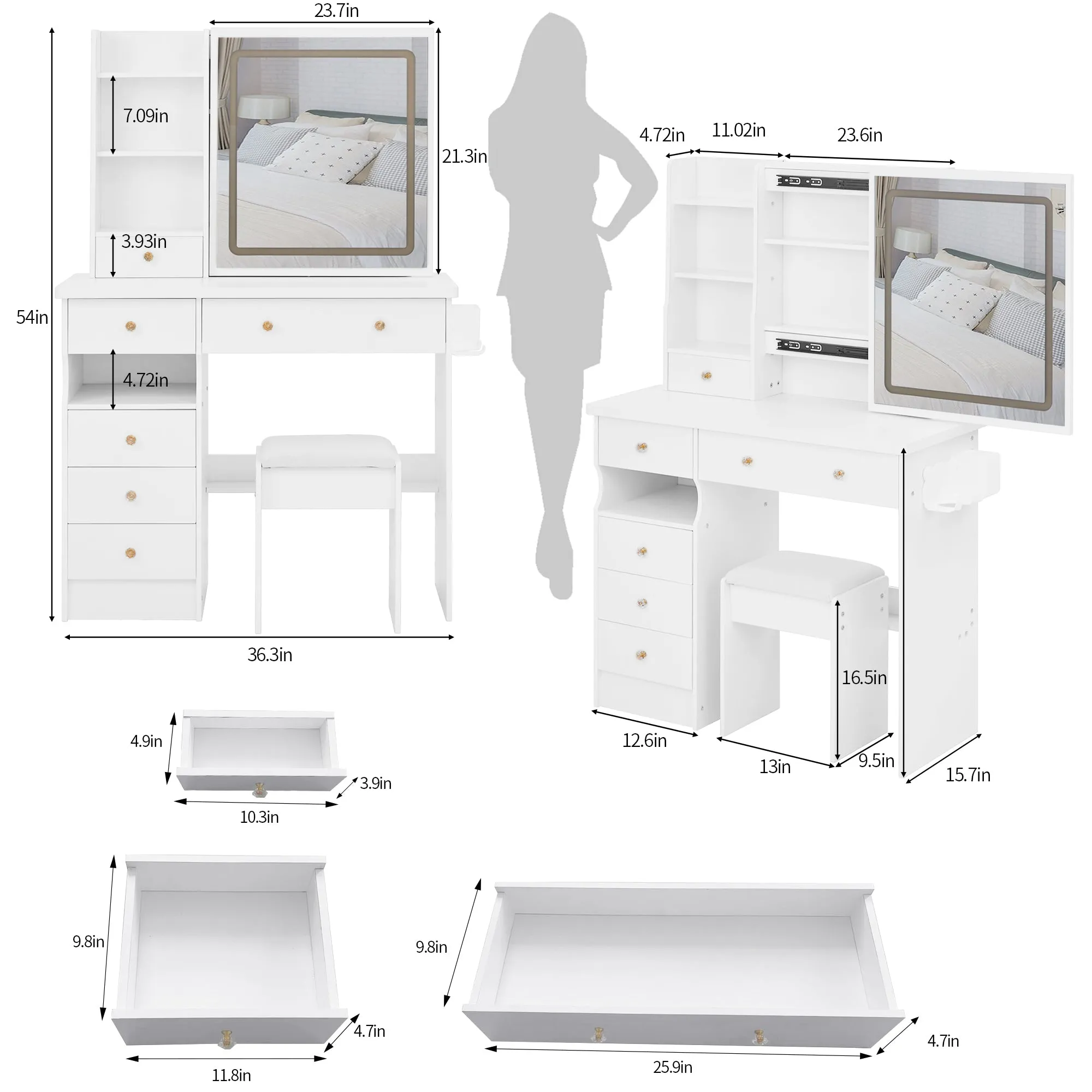 Vanity Desk with LED Lighted Mirror, Sliding Storage, and Stool