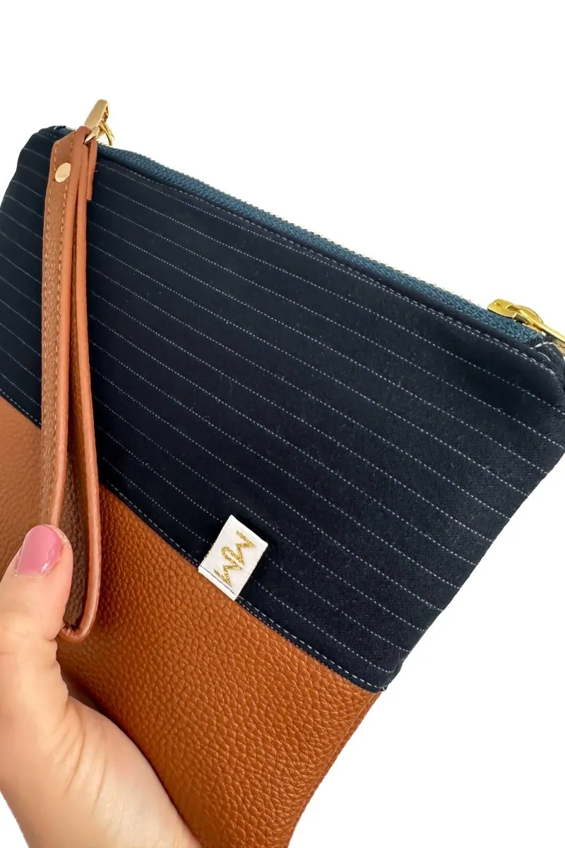 Vintage Navy Pinstripe Convertible Crossbody Wristlet  with Compartments