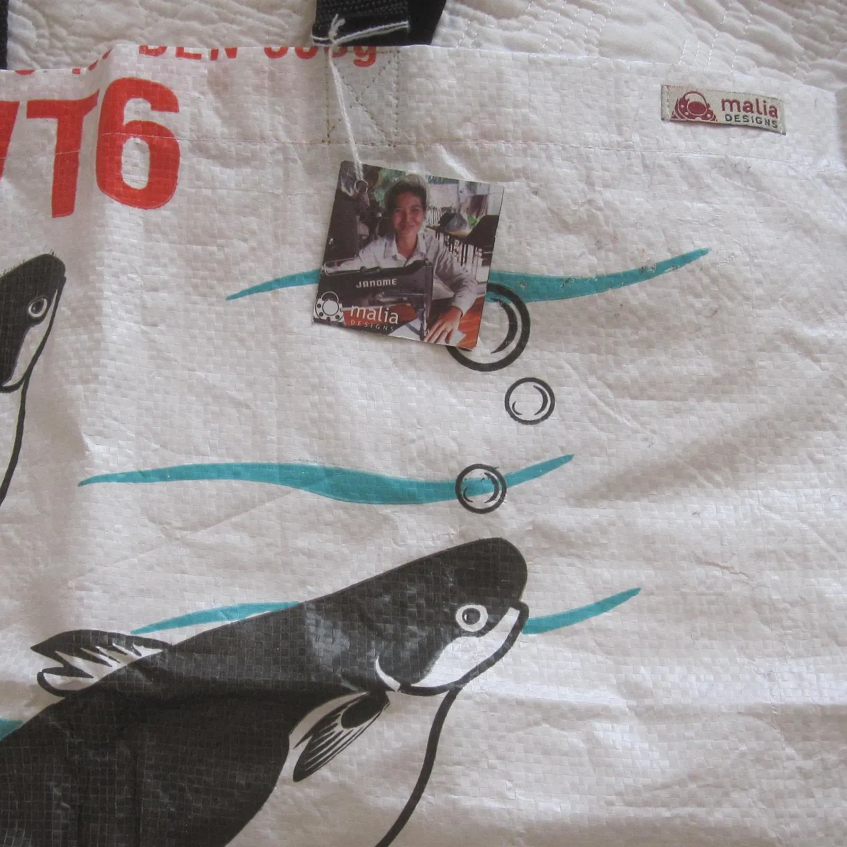 White Graphic Tote Made From Recycled Feed Bags, Fair Trade and Fun!