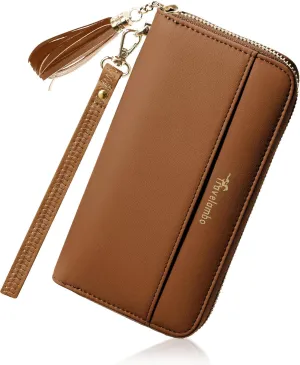 Womens Tassel Bifold Wallet, Long Clutch with Wristlet Strap